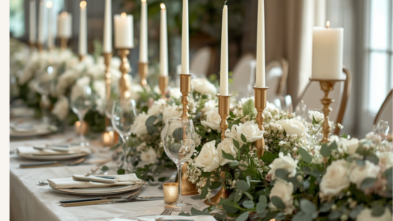 Festlich gedeckte Hochzeitstafel mit weissen Rosen und goldenen Kerzenständern